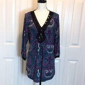 New Directions Womens Purple & Teal Beaded Tie Back Blouse Tunic Top Size 2X